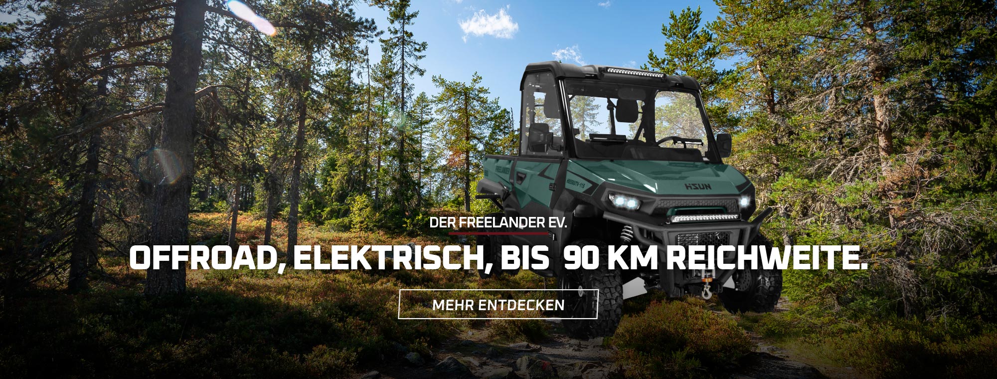 Der Freelander EV. Offroad, elektrisch, bis 90 km Reichweite. Link zur Produktseite.